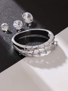 1 chiếc nhẫn thời trang thanh lịch thiết kế hai lớp hình học đính đá Cubic Zirconia tổng hợp, nhẫn đính hôn và nhẫn cưới cho nữ, quà tặng hàng ngày và ngày Valentine, trang sức cho mọi mùa. - Bạc - Xem 3