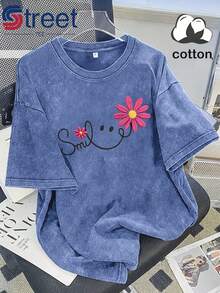 Summer Tops New Vintage Washed Cotton Distressed Short-Sleeve T-Shirt With American-Style Floral  Face Print, Plus-Size Women's Top, Loose Fit, Drop Shoulder, Round Neck, Oversize Style, Comfortable And Fashionable, Versatile For Commuting, Y2K Fashion Women's Clothing - 杏色 - 查看 9