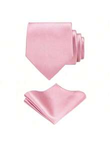 1 Set Men's Solid Color 8cm Necktie & Pocket Square Set, Satin Tie & Handkerchief Business Suit Accessories - Pink - View 2