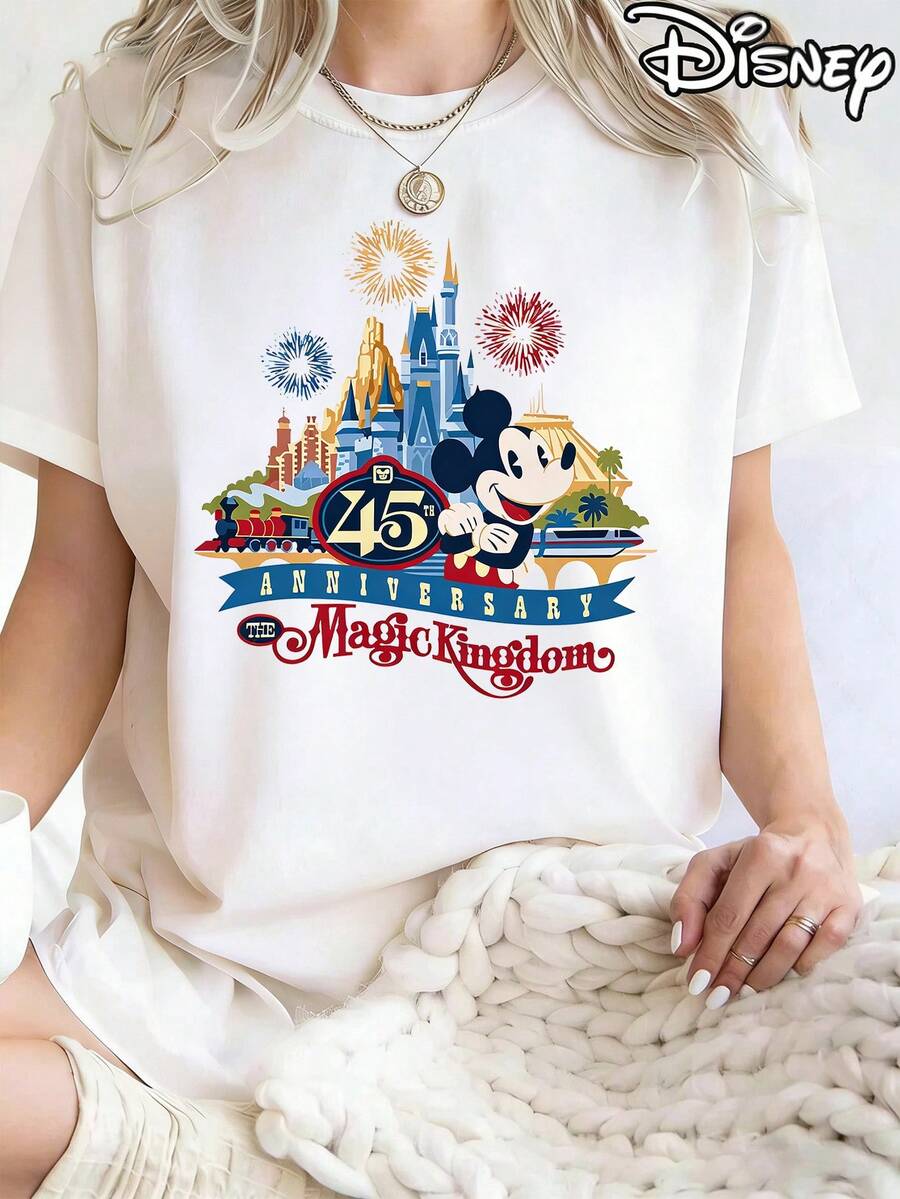 Disney Casual Cotton Mickey Mouse Magic Kingdom 45th Anniversary Print Regular Sleeve Round Neck T-Shirt, Men's Sizes Suitable For The Whole Family - 白色 - 查看 1