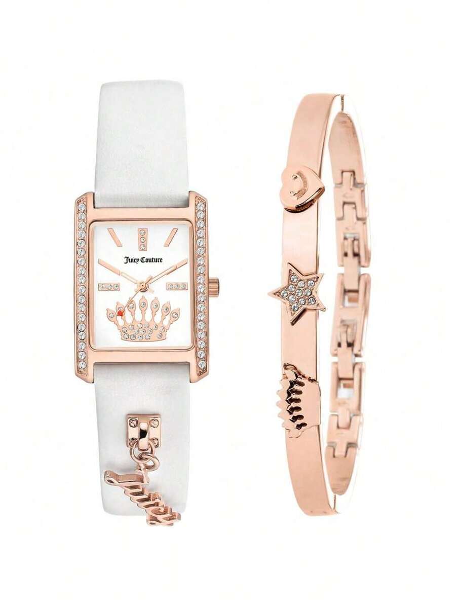 Ladies Watch Women Rose Gold Watch & Bracelet with Charms Crystal Bracelet Watches Set Quartz Wristwatches for Women Great Gifts - 黑色 - 查看 1