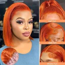 Brazilian Long Straight Human Blended Hair Wigs 200% Density 13x4 13x4 Lace Front Wig For Women 13x4 Lace Frontal Closure Wig Pre Plucked Tiny Knots Natural Hairline With Baby Hair 8-34 Inches Ginger Orange Color - S350 - View 4