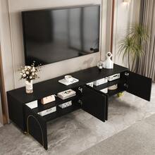 TV Stand, Low Model With Textured Doors, Gold Decorations, Round Gold Legs, Includes Shelves And Push-To-Open Mechanism. - Black - View 5