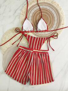 Traje de baño conjunto tres piezas para mujer para playa piscina vacaciones semana santa brunch y salidas a la playa bikini triangular con lazadas y shorts de playa con cordón color rojo y rosa textura arrugada estilo bohemio apto para verano y temporadas cálidas - Rojo - Ver 2