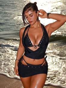 Bellisia 4pcs Solid Color Fabric Set: Crop Top With Snail Metal Decor & Cutout Design, Matching Tie-Side Thong Panty, Hollow-Out Bodycon Mini Skirt, Sexy Beach Vacation Bikini Suit For Women Black 2 Piece Set Bathing Suit 3 Piece Set 2 Piece Vacation Set Women Skirt Swimsuit Set Black 2 Piece Swimsuit - 紅色 - 查看 11
