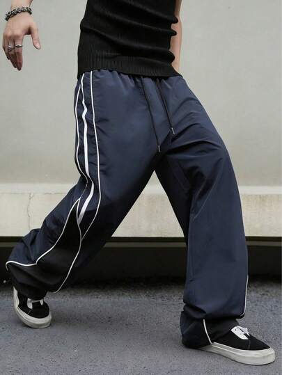 Men's Fashion Loose Contrast Color Trim Drawstring Pocket Casual Wide Leg Pants, Suitable For Daily Wear, Outings, Sports & Leisure, School, Parties, Music Festivals, Also Makes A Great Gift For Friends Or Boyfriends, Autumn