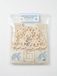 Women's Summer Beach Outing Set - Handbag/Knit Hat. Features A Turtle-Patterned Crocheted Design, A Large-Capacity Open-Top Handbag, And Beige Polyester Material, Perfect For Casual Outings And Beach Vacations - Multicolor - White - View 6