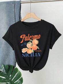 Regular Short-Sleeved Milk Silk-Shirt, With Letter And Fruit Print, Minimalist And-Sleep. - Black - View 6