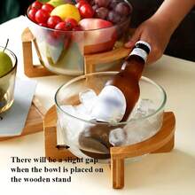 Glass Salad Bowl (With Wooden Stand) - Lead-Free Glass + Natural Wood, Healthy And Odorless, Transparent To Showcase Fresh Ingredients, Can Be Used As Salad Bowl, Fruit Bowl, Snack Plate. Heat And Cold Resistant For Refrigeration/Room Temperature. Wooden Stand Prevents Burns And Adds Aesthetic Appeal. Practical And Stylish Kitchen Essential For Daily Use And Party Gatherings. - Multicolor - View 7