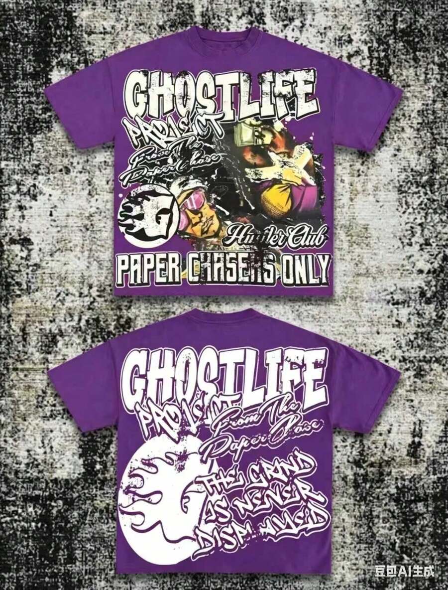 Men's Y2K Tee -American Street & "GHOSTLIFE" Hip-Hop Figureg Raphic T Shirt, Loose Retro Fit,Suitable For Young Men And Women To Wear For Casual - 紫色 - 查看 1