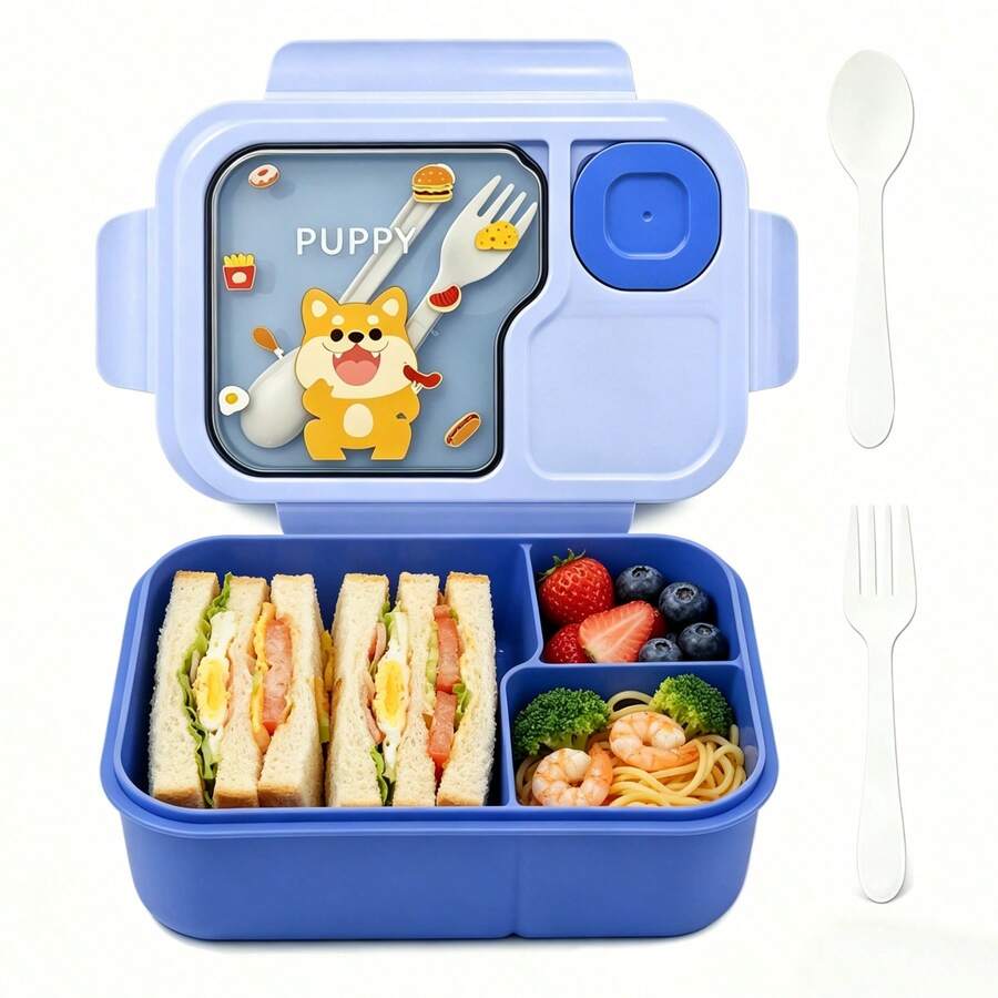 1 hộp cơm bento dễ thương, hộp cơm chống rò rỉ 3 ngăn, dùng được trong lò vi sóng (bao gồm thìa và dĩa) - Nhiều màu - Xem 1