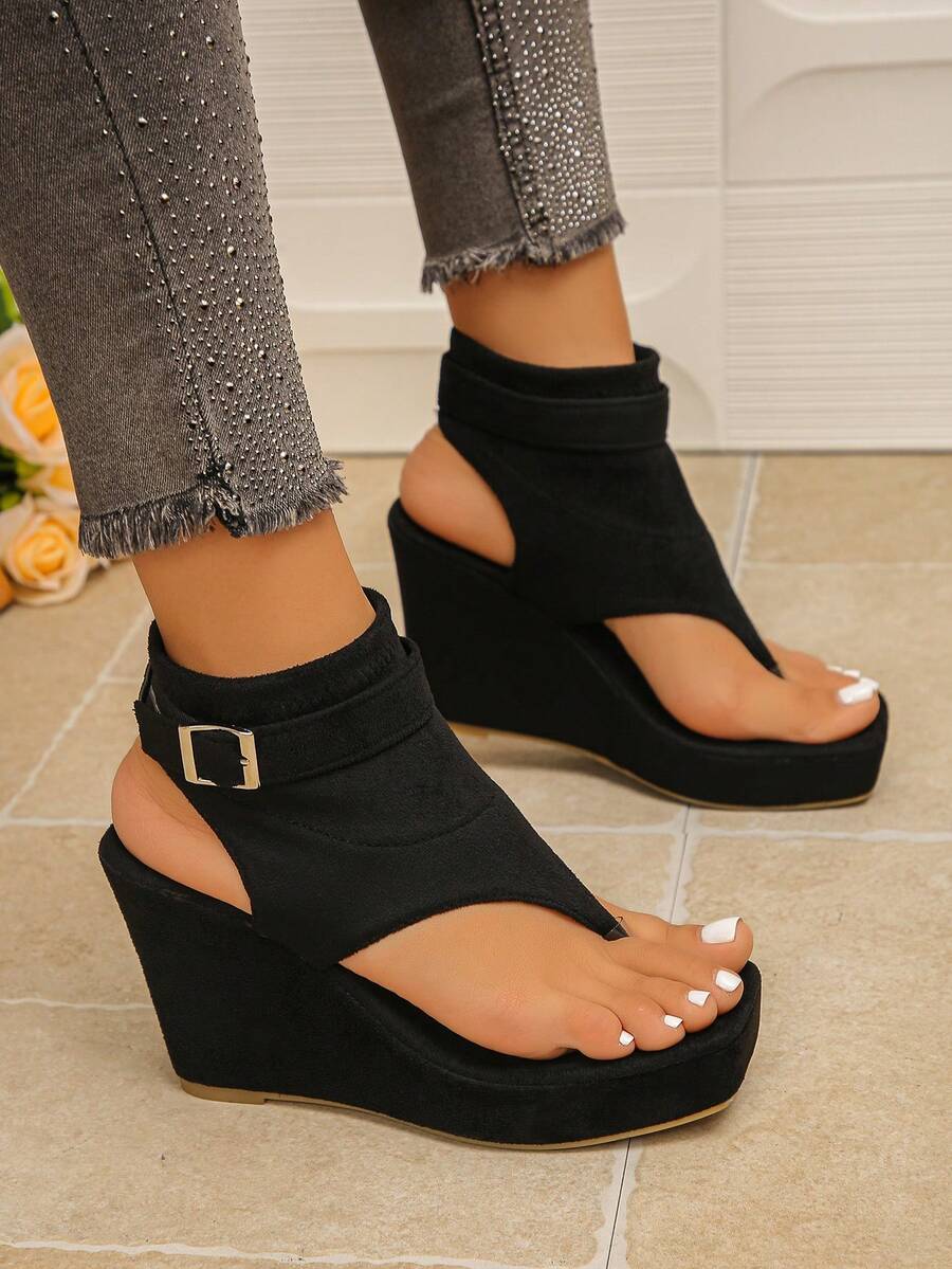 1 Pair Women's Thick Sole Wedge Flip Flops, Leopard Print Strap Sandals, Versatile Daily Wear Shoes - Black - View 1