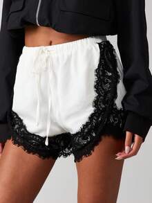 Boho Women's Lace Trim Satin Silk Shorts Shiny Elastic Waist Mini Shorts Pettipants Half Slip Shorts French Knickers Boyshorts For Dresses Full Coverage Underwear Lounge Pants - F206351-白色 - 查看 1
