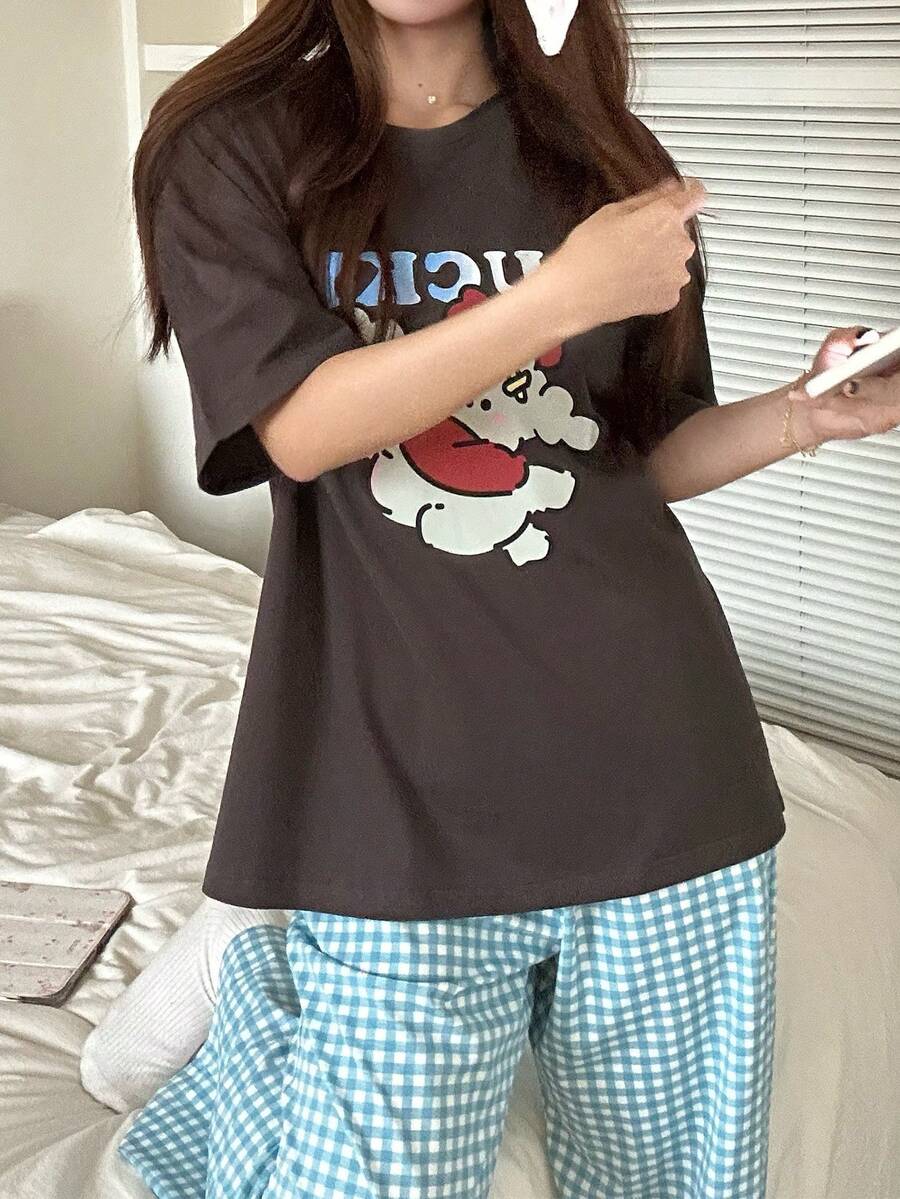 Gongdie 2pcs/Set Women's Cotton Cartoon Short Sleeve & Long Pants Pajama Set, Spring/Summer - Grey - View 1