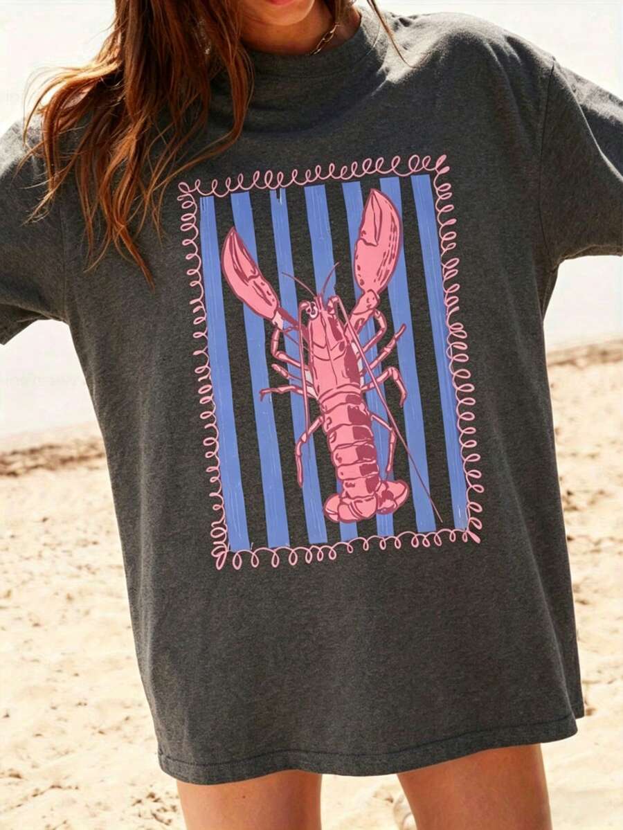 Graphic Women T‑Shirts,Women'S Pink Lobster And Blue Striped T-Shirt | White Casual Summer Beach Wear, Vertical Stripes And Wave Print, Pink Lobster D - 深灰色 - 查看 1