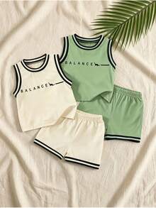 4pcs/Set Summer New Casual Sports Baby Boy Dinosaur Print Pattern Rib Trim Tank Top And Shorts - Multicolor - View 1