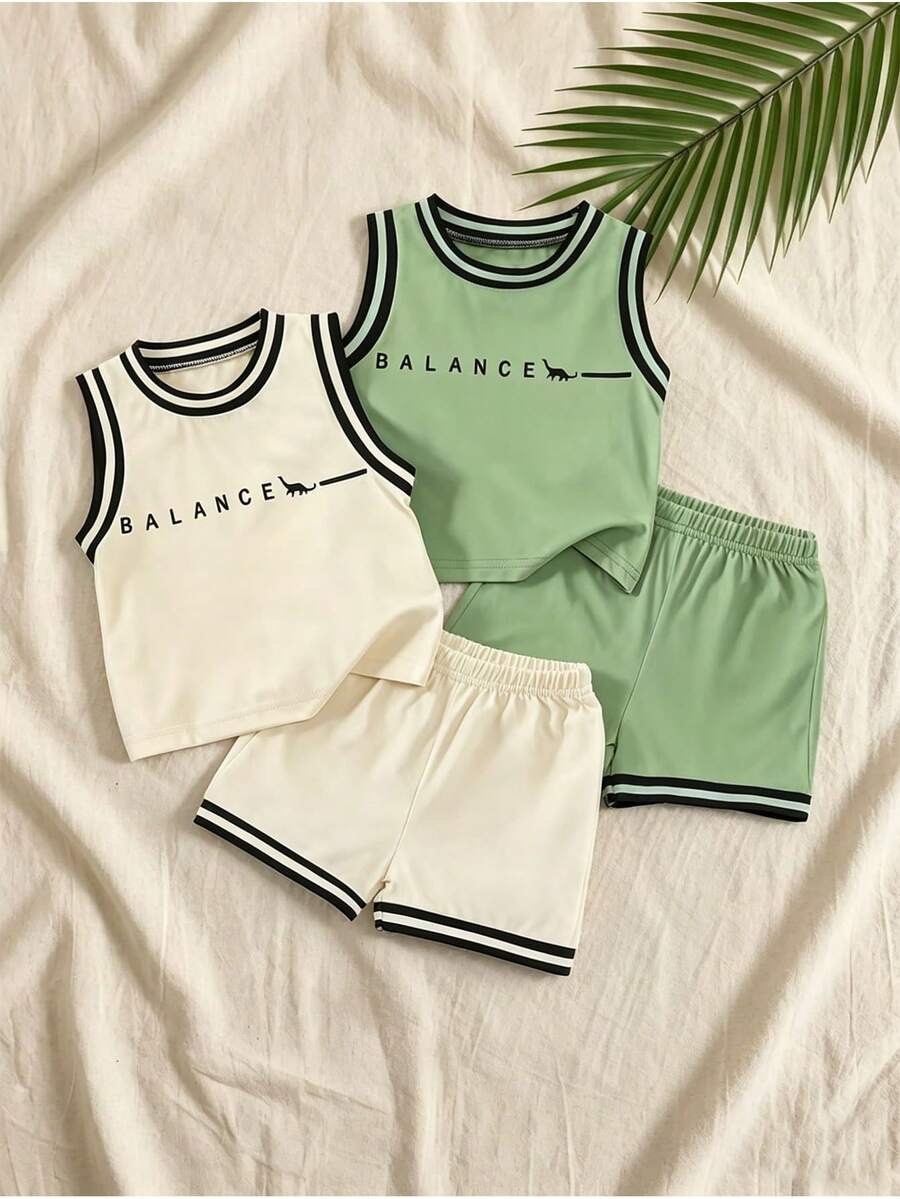 4pcs/Set Summer New Casual Sports Baby Boy Dinosaur Print Pattern Rib Trim Tank Top And Shorts - Multicolor - View 1