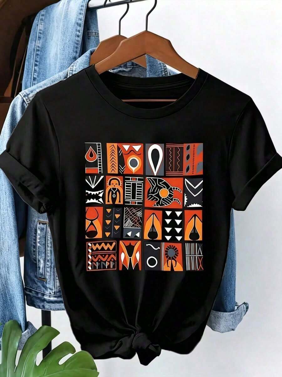 Women's-Shirt With Bohemian Abstract Pattern, Polyester-Shirt With Short Sleeves And Round Neck, Regular Fit, Suitable A Casual Look In Autumn-Sleep. - Black - View 1