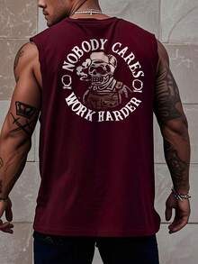 Camiseta de tirantes casual de verano para hombre con estampado de calavera y letra - Burdeos - Ver 3