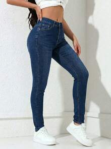 Pantalón Ajustado Negro de Talle Alto: Silueta Ceñida y Botonadura Frontal Decorativa, Denim Elástico para un Ajuste Cómodo. - Azul Mezclilla H2VA34 - Ver 4