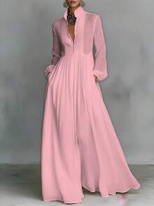 Elegant French-Style Dress For Women, Fitted, Long-Sleeved, Plain Emerald Green, High Neck And Raglan Sleeves, Ideal For Vacation - 淺粉色 - 查看 12