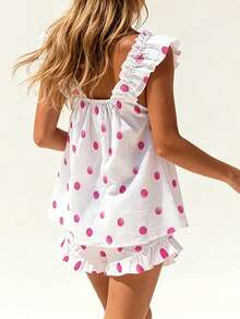 Women 2 Piece Pajamas Outfits Summer Dot Print Ruffled Trim Sleeveless Tank Tops and Shorts Set Sleepwear - Rojo violeta - Ver 2