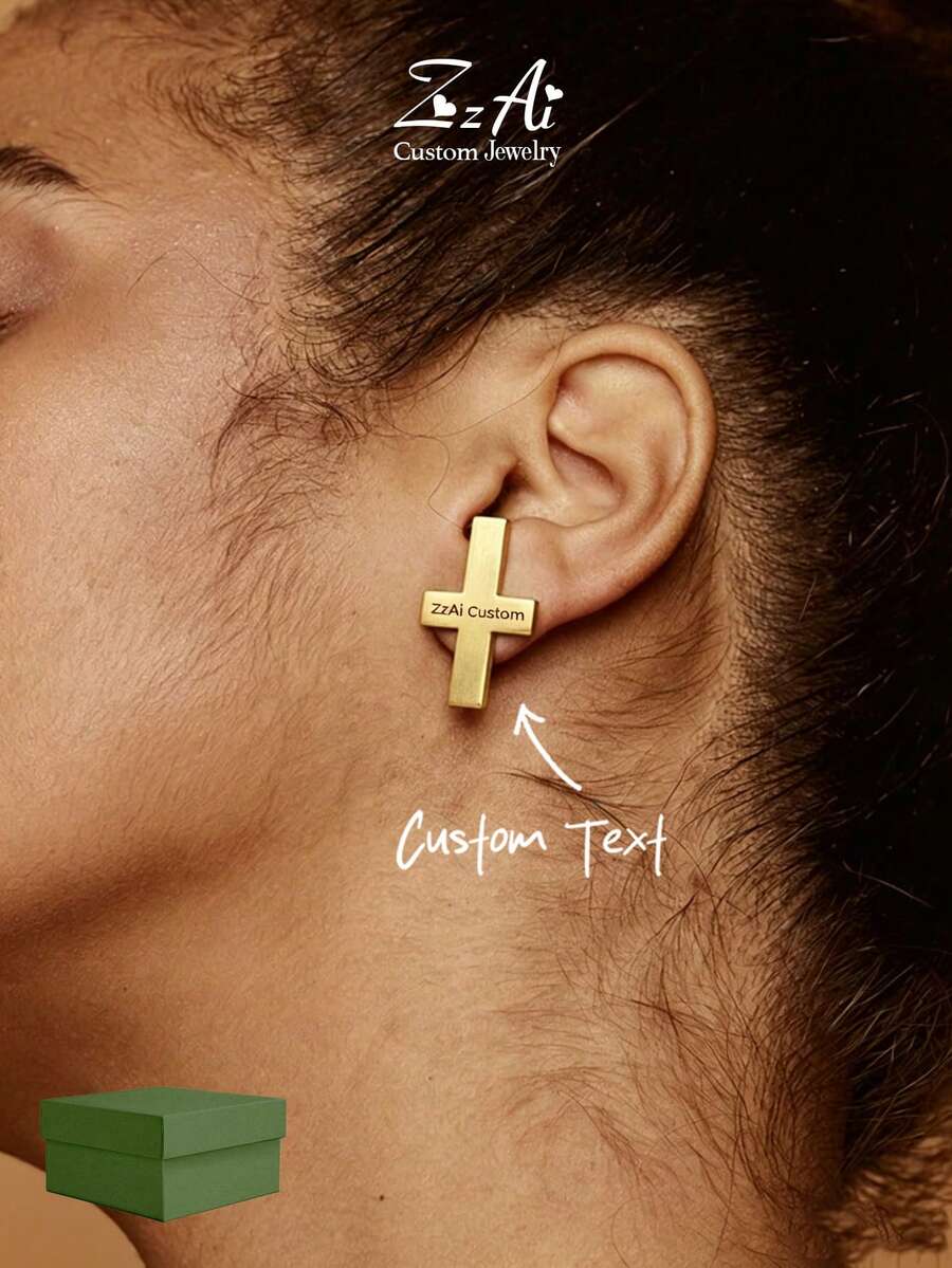 1 par de elegantes pendientes de cruz de oro, pendientes con símbolo de cruz, pendientes de oro de firma, joyería diaria, pendientes de diseño original, joyería personalizada, diseño inverso, pendientes personalizados con nombre, estilo inverso, rectangular, diseño abstracto - Estilo 1 - Ver 1