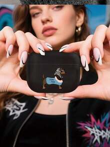 1 Pc Black Headphone Case Creative Happy Puppy Pattern Suitable For AirPods 4/ 1/ 2/ 3/ Pro/ Pro2/ Pro3, A Simple And Stylish Holiday Gift - Black - View 4