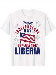 Patriotic 4th Of July Independence Graphic Tees Summer Tshirt -Happy Liberia Independence Day Liberia Liberian Flag T-Shirt- Comfortable 100%, Machine Washable, Ideal For Independence Day Celebrations & Gift - 黑色 - 查看 1