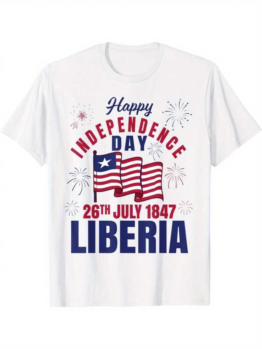 Patriotic 4th Of July Independence Graphic Tees Summer Tshirt -Happy Liberia Independence Day Liberia Liberian Flag T-Shirt- Comfortable 100%, Machine Washable, Ideal For Independence Day Celebrations & Gift - 黑色 - 查看 1
