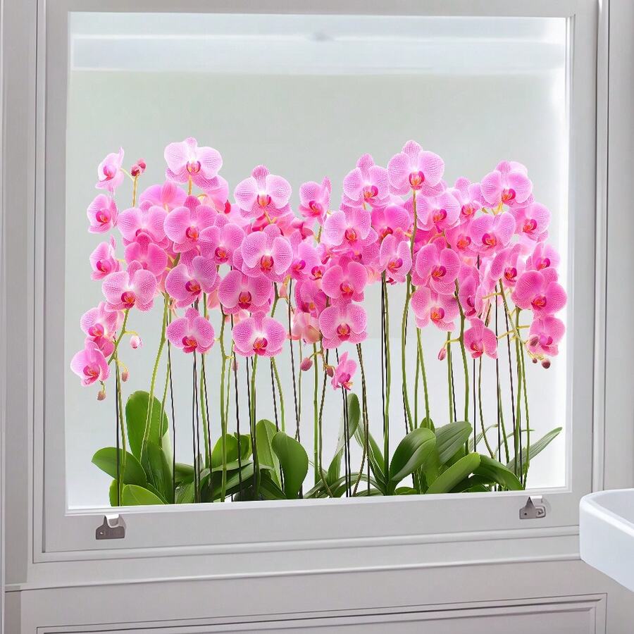 1pc Luxury Pink Phalaenopsis Window Sticker, Elegant Orchid Glass Decal, Waterproof Self-Adhesive Removable Beautification - Multicolor - View 1