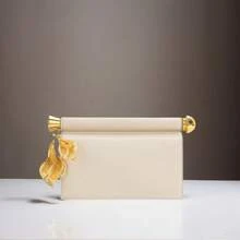 Elegant Leather Evening Bag Metal Leaf Embellishment Clutch Purse Wedding Party Handbag - White - View 8