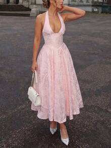 Elegant Date & Vacation Floral Print Textured Fabric V-Neck Cinched Waist Flared Mid-Length Dress, Pink Party Summer - Pink - View 3