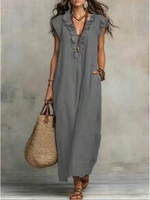 European And American 2026 Spring/Summer New Bohemian Flutter Sleeve Floor-Length Dress - màu đen - Xem 4