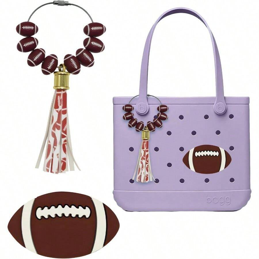 2 Pcs Beaded Charms With Tassels Bogg Bags - Sporty Beach Bag Accessories, Compatible With Simply Other Rubber Beach Bags - 升級版足球 - 查看 1