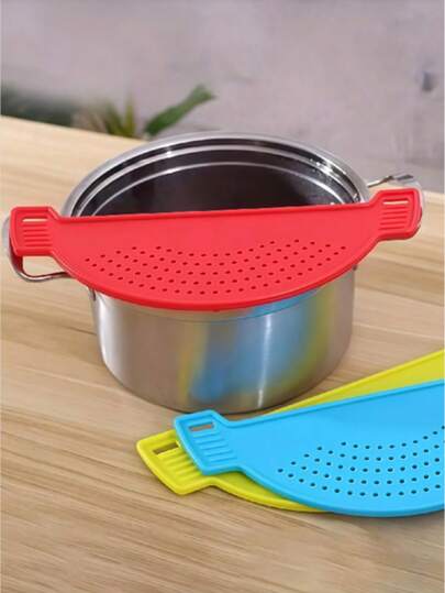 1pc Durable Plastic Kitchen Clip-On Pot Strainer - Bright Blue, Easy Drain Vegetable & Fruit Basket, Fine Mesh Design, Ideal For Home Cooking And Baking, Pot-Edge Vegetable Pouring And Draining, Household Drainage Barrier, Available In Red, Yellow, And Blue