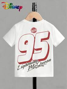 Disney Authorization - Summer Youth Boys' Clothing Round Neck Short Sleeve - Lightning McQueen Racing Number 95- Printed Pattern Design Round Neck T-Shirt, Pattern T-Shirt Pullover, Boys' Clothing, 180g Polyester Soft Fabric, Suitable For Boys' Back To School, Party, Outdoor, Travel Wearing - trắng - Xem 3