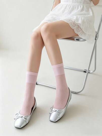 1 Pair Of Fashionable Mid-Calf Socks For Women, In A Dopamine Hue And Adorned With Fresh And Sweet Vertical Stripes, Suitable For Everyday Wear, Lolita Style, And JK (High School Girl) Outfits.