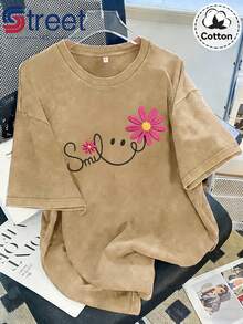 Summer Tops New Vintage Washed Cotton Distressed Short-Sleeve T-Shirt With American-Style Floral  Face Print, Plus-Size Women's Top, Loose Fit, Drop Shoulder, Round Neck, Oversize Style, Comfortable And Fashionable, Versatile For Commuting, Y2K Fashion Women's Clothing - 杏色 - 查看 7
