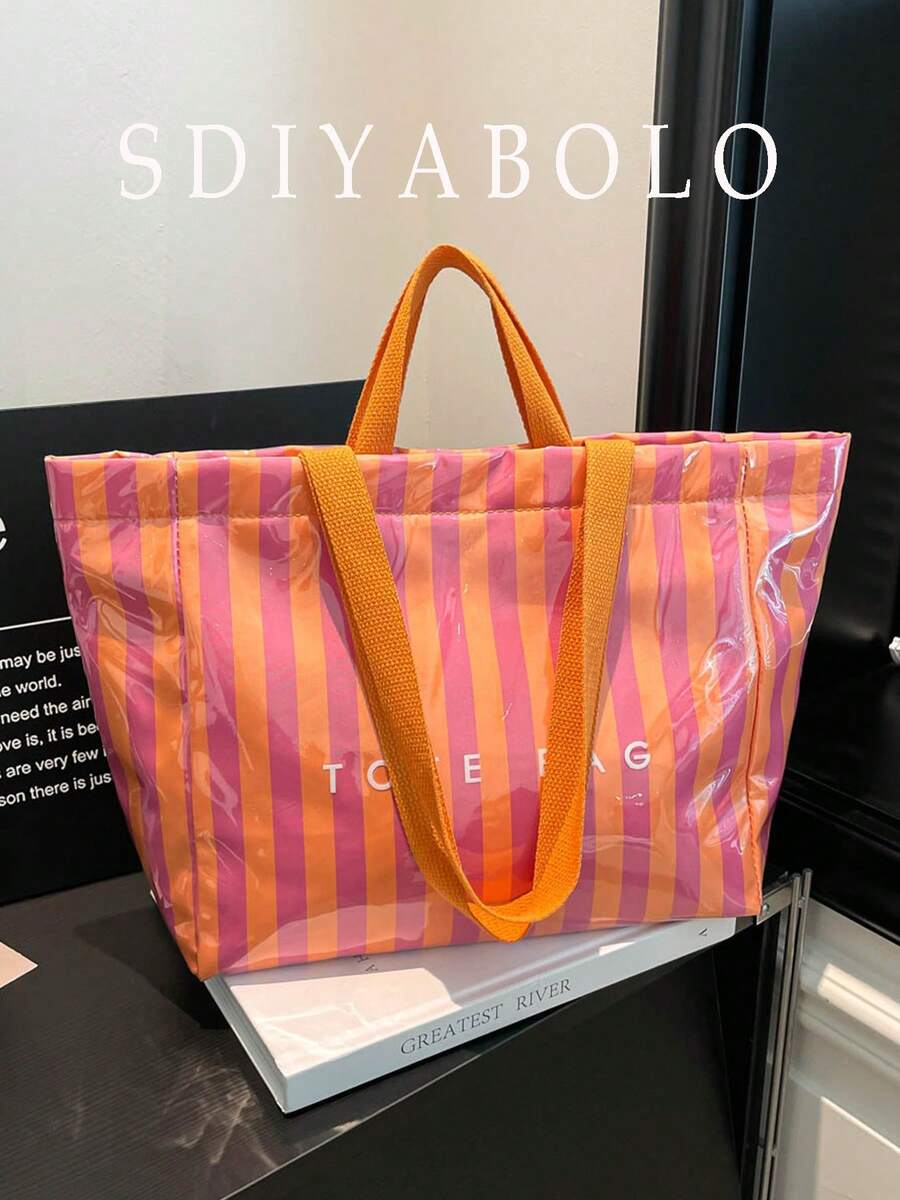Fashion Campus Style Large Capacity Tote Bag - Made Of Lightweight PVC And Kraft Paper, Hook And Loop Closure Design, Stylish For Women - Multicolor - View 1