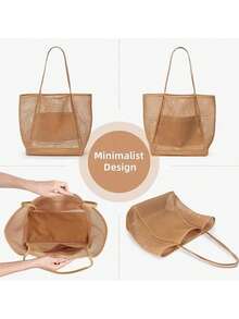 Large Capacity Women's Beach Tote Bag, Portable Mesh Beach Bag, Foldable Beach Bag With Large Capacity Mesh Tote Bag, Women's One Shoulder Summer Outdoor Travel Mesh Tote Bag, Khaki/Black, Solid Color One Shoulder Mesh Bag, Mesh Beach Toiletry Storage Bag, Lightweight And Fashionable, Suitable For Daily Use, Travel, Shopping, Swimming And Beach Vacation, Summer Outing, Beach Play And Travel Shopping - Multicolor - View 6