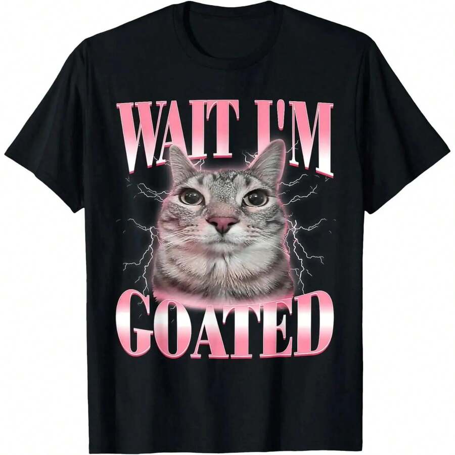 Summer Funny Silly Cat Brainrot Wait I'm Goated Cat Meme Saying T-Shirt For Men Women 100% Cotton Crew Neck Cotton Fashion T-Shirt Women Tee Comfort Women Short Sleeve Cotton Unisex T-Shirt Comfortable Unisex Short-Sleeve - màu đen - Xem 1