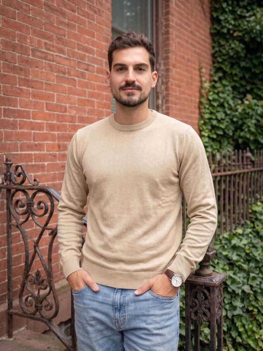 Men's Premium Knitting Sweater Long Sleeve Round Neck Sophisticated Timeless - Màu be - Xem 1