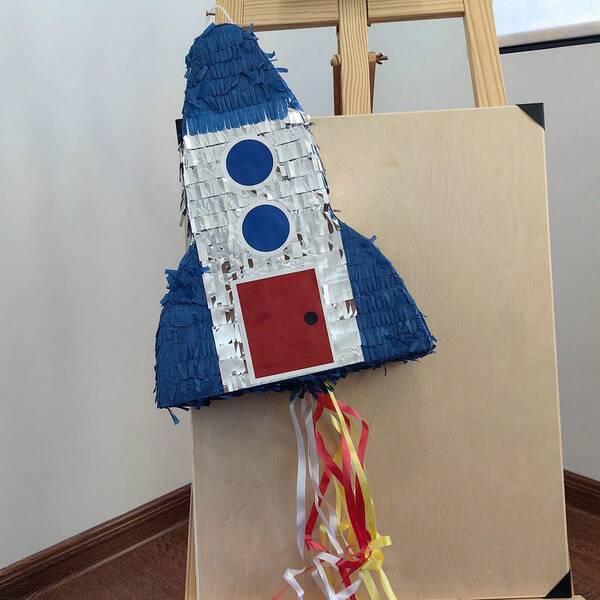 1 pieza/caja Piñata de cohete espacial con cuerda para tirar, decoraciones de fiesta de tema espacial para fiestas de astronautas, suministros de fiesta de tema espacial para juegos, favores, decoraciones y regalos de cumpleaños, eventos de carnaval con diademas, serpentinas en espiral y banderines para tirar