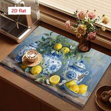 1 buah Alas Pengering Piring, Alas Mesin Kopi, Motif Lemon Gaya Porselen Biru & Putih, Alas Pengering Serbaguna, Hadiah Rumah, Dekorasi Meja - XYLSD-198 - View 2