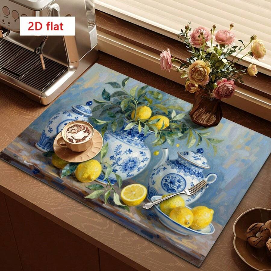 1 buah Alas Pengering Piring, Alas Mesin Kopi, Motif Lemon Gaya Porselen Biru & Putih, Alas Pengering Serbaguna, Hadiah Rumah, Dekorasi Meja