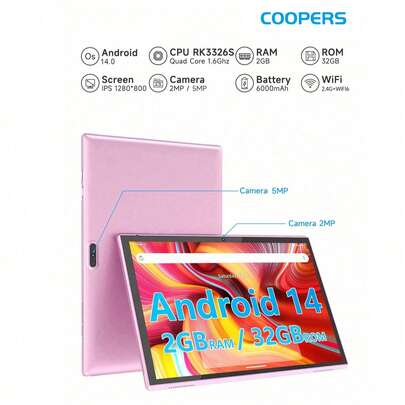 Coopers ZB10 10.1 Inch Android 14 Tablet, RK3326S 4-Core 1.6Ghz/2GB RAM 32GB ROM/2.4G WiFi+WiFi 6/BT 5.2/FHD IPS Touch Screen/2MP+5MP Dual Camera/Type-C/G-Sensor/6000mAh/Supports 1TB SD Expansion (No Adapter),Pink