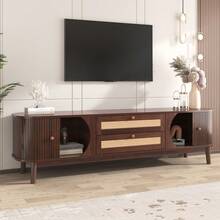 TV Stand - Natural Wood TV Stand With Doors And Drawers. TV Stand With Rattan Sides. Natural Rustic Style Storage Solution. - Brown - View 2