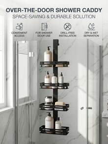 1pc Black Metal Over-The-Door Hanging Rack, No-Drill Bathroom Storage Shelf, Suitable For Cosmetics And Toiletries, Space-Saving Home Storage Rack, Soap And Shampoo Holder, Bathroom Shower Rack, Behind-The-Door Storage, Bathroom Storage Organizer, Bathroom Accessories - Black - View 5