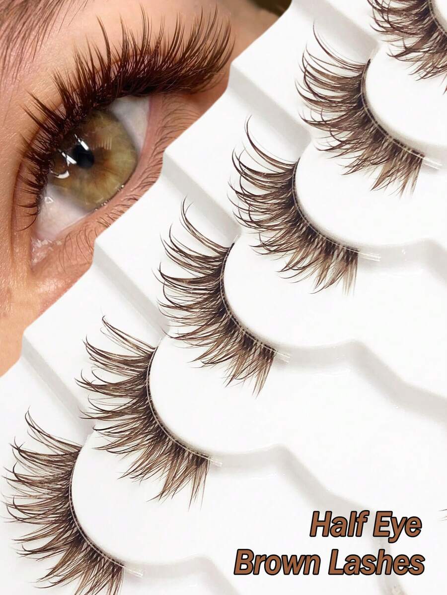 Asiteo 7 Pairs Transparent Stem Natural Fluffy Half Wet Brown False Eyelashes, Soft & Natural Looking Fake Lashes, Create Cat Eye Makeup Effect, Comfortable Wear, Suitable For Daily Makeup, Create Natural Beautiful Lash Extension Makeup - 棕色 - 查看 1